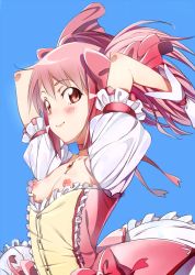Rule 34 | 10s, 1girl, arms behind head, arms up, blue background, blush, bow, breastless clothes, breasts, choker, dress, female focus, frills, gem, gloves, hair ribbon, kaname madoka, long hair, looking at viewer, magical girl, mahou shoujo madoka magica, mahou shoujo madoka magica (anime), neck ribbon, niko (tama), nipples, no bra, pink eyes, pink hair, red eyes, ribbon, short twintails, simple background, skirt, small breasts, smile, solo, twintails