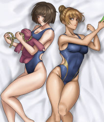 Rule 34 | 1girl, blue one-piece swimsuit, bob cut, breasts, brown eyes, brown hair, cleavage, commentary request, competition swimsuit, cowboy shot, hair bun, highleg, highleg swimsuit, highres, jujutsu kaisen, light brown hair, lying, mimiko (jujutsu kaisen), nanako (jujutsu kaisen), on side, one-piece swimsuit, reimei33, short hair, siblings, single hair bun, sisters, small breasts, solo, stuffed toy, swimsuit