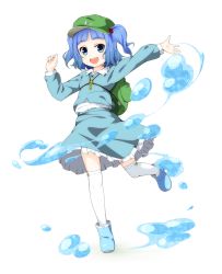 Rule 34 | 1girl, backpack, bag, blue eyes, blue hair, female focus, hair bobbles, hair ornament, hat, highres, kawashiro nitori, key, long sleeves, masa nori, matching hair/eyes, open mouth, short twintails, solo, thighhighs, touhou, twintails, two side up, water