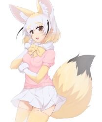 Rule 34 | 1girl, :3, absurdres, animal ears, blonde hair, blush, bow, bowtie, brown eyes, cowboy shot, elbow gloves, extra ears, fang, fennec (kemono friends), fox ears, fox girl, fox tail, fur trim, gloves, hand in own hair, highres, kemono friends, looking at viewer, nyaseiru, open mouth, pink sweater, pleated skirt, puffy short sleeves, puffy sleeves, scarf, short hair, short sleeves, skirt, smile, solo, sweater, tail, thighhighs, two-tone gloves, white gloves, white hair, white scarf, white skirt, yellow bow, yellow bowtie, yellow gloves, yellow thighhighs, zettai ryouiki