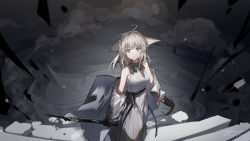 Rule 34 | 1girl, absurdres, animal ears, arknights, arknights: endfield, artist name, bare shoulders, belt, belt pouch, black gloves, blue eyes, breasts, cat ears, closed mouth, debris, female focus, from above, gloves, grey jacket, grey skirt, highres, holding, jacket, long hair, long skirt, long sleeves, looking at viewer, looking up, medium breasts, off shoulder, open clothes, open jacket, perlica (arknights), pouch, rockyroo, shirt, silver hair, skirt, smile, smoke, solo, white shirt