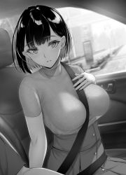 Rule 34 | 1girl, between breasts, black hair, blush, bob cut, breasts, car, car interior, commentary request, earrings, gentsuki, greyscale, hand on own chest, high-waist skirt, highres, jewelry, large breasts, looking at viewer, monochrome, motor vehicle, original, ribbed shirt, seatbelt, shirt, short hair, short sleeves, sitting, skirt, strap between breasts, window