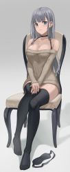 Rule 34 | 1girl, absurdres, black choker, black thighhighs, blue eyes, blush, breasts, brown dress, chair, choker, cleavage, closed mouth, collarbone, dress, full body, grey background, highres, large breasts, long hair, long sleeves, looking at viewer, mole, mole on breast, mole under eye, off-shoulder dress, off-shoulder sweater, off shoulder, original, own hands together, silver hair, simple background, sitting, sleep mask, sleeves past wrists, solo, sweater, sweater dress, thighhighs, very long hair, yj (yojo san)