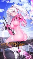 Rule 34 | 1girl, alice (nikke), animal ears, ass, ass support, bodysuit, breasts, cropped jacket, fake animal ears, full body, goddess of victory: nikke, gun, hair ornament, headphones, highres, jacket, long hair, long sleeves, looking at viewer, looking back, medium breasts, open mouth, pink bodysuit, pink eyes, pink hair, pink headphones, rifle, sepo (mito609), shiny clothes, shoes, sitting, skin tight, smile, sneakers, socks, solo, twintails, weapon