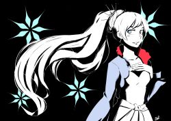 Rule 34 | 1girl, black background, black theme, blue eyes, looking at viewer, ponytail, rwby, smile, snowflakes, solo, weiss schnee, white hair
