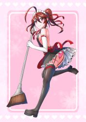 Rule 34 | 1girl, absurdres, ahoge, arc system works, artist request, ass, bare shoulders, blazblue, breasts, broom, brown hair, celica a. mercury, dress, elbow gloves, garter straps, gloves, hair ribbon, heart, heart background, highres, long hair, looking at viewer, maid, maid headdress, medium breasts, miniskirt, panties, pink panties, ponytail, purple eyes, ribbon, shiny skin, shoes, sideboob, skirt, smile, solo, thighhighs, underwear