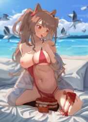Rule 34 | 1girl, absurdres, angelina (arknights), animal ears, arknights, beach, bikini, bird, blue sky, blush, breasts, brown hair, cake, clothes in mouth, cloud, cloudy sky, earpiece, food, fox ears, fox girl, highres, large breasts, long hair, mouth hold, navel, nipples, one breast out, outdoors, public indecency, public nudity, red bikini, red eyes, sand, seiza, sitting, sky, solo, swimsuit, twintails, undone bikini, very long hair, water, xiandai quanru
