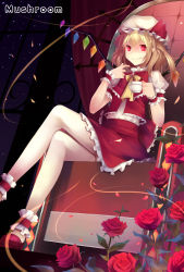 Rule 34 | 1girl, ankle cuffs, artist name, bad id, bad pixiv id, blonde hair, chair, crystal, fang, female focus, flandre scarlet, flower, glowing, glowing eyes, hat, hat ribbon, highres, crossed legs, mushroom (artist), pointy ears, puffy sleeves, red eyes, red flower, red rose, ribbon, rose, short hair, short sleeves, side ponytail, sitting, smile, solo, star (symbol), touhou, wings, wrist cuffs