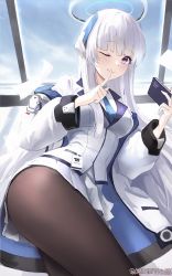 Rule 34 | blue archive, blue necktie, boots, collared shirt, dano, formal, grey hair, halo, id card, jacket, long hair, mechanical halo, miniskirt, necktie, noa (blue archive), notebook, off shoulder, one eye closed, open clothes, open jacket, pantyhose, pleated skirt, purple eyes, shirt, skirt, suit, two-sided fabric, two-sided jacket, very long hair, white shirt, white suit