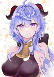 Rule 34 | 1girl, ahoge, amew (chocolat 13), bare shoulders, bell, blue hair, blush, bow, breasts, detached sleeves, flower, ganyu (genshin impact), genshin impact, highres, horns, large breasts, long hair, looking at viewer, neck bell, purple eyes, qingxin flower, sidelocks, smile, solo, upper body, white flower, white sleeves