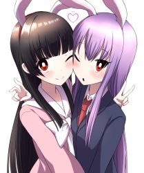 Rule 34 | 2girls, :o, animal ears, arm around shoulder, black hair, blunt bangs, bright pupils, cheek-to-cheek, closed mouth, collared shirt, commentary request, fake animal ears, hairband, heads together, heart, highres, hime cut, houraisan kaguya, hug, imperishable night, jacket, light purple hair, long hair, looking at viewer, multiple girls, necktie, one eye closed, open mouth, rabbit ears, red eyes, red neckwear, reisen udongein inaba, shirt, sidelocks, simple background, smile, straight hair, touhou, tsukimirin, v, white background, white pupils