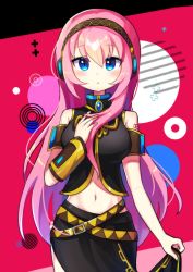 Rule 34 | 1girl, absurdres, black skirt, blue eyes, breasts, closed mouth, cowboy shot, hand on own chest, headphones, highres, large breasts, long hair, looking at viewer, megurine luka, multicolored background, navel, offbeat, pink hair, skirt, solo, standing, tattoo, vocaloid
