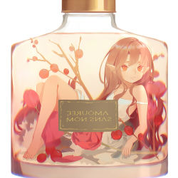 Rule 34 | 1girl, bare shoulders, barefoot, blush, bottle, branch, brown hair, closed mouth, collarbone, dress, echosdoodle, flower, in bottle, in container, long hair, looking at viewer, mini person, minigirl, mirrored text, original, pointy ears, red eyes, red flower, sign, simple background, solo, strap slip, transparent, very long hair, white background, white dress