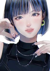 Rule 34 | 1girl, black shirt, blue hair, bob cut, chest harness, ear piercing, earrings, eyelashes, hands up, harness, head tilt, highres, jewelry, looking at viewer, medium hair, nail art, original, parted lips, piercing, purple eyes, shirt, simple background, smile, solo, tsunko (9v2 q), white background