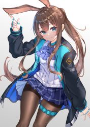 Rule 34 | 1girl, amiya (arknights), animal ears, arknights, ascot, black jacket, blouse, blue eyes, blue skirt, breasts, brown hair, brown pantyhose, choker, extra ears, gradient background, hand up, infection monitor (arknights), jacket, jewelry, long hair, long sleeves, looking at viewer, medium breasts, miniskirt, multiple rings, noboru (kamine204136), open clothes, open jacket, pantyhose, pleated skirt, ponytail, rabbit ears, ribbed shirt, ring, shirt, sidelocks, skirt, sleeveless, sleeveless shirt, smile, solo, thigh strap, very long hair, white background, white shirt