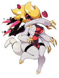Rule 34 | 1girl, absurdres, blush, breasts, claws, colored skin, covered navel, creatures (company), extra arms, full body, game freak, gen 4 pokemon, giratina, giratina (origin), grey skin, highres, hooves, large breasts, legendary pokemon, looking at viewer, nintendo, open mouth, personification, pokemon, red eyes, simple background, slugbox, solo, standing, standing on one leg, tail, thick thighs, thighs, white background