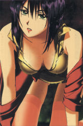 Rule 34 | 1990s (style), 1girl, bare shoulders, breasts, cleavage, cowboy bebop, faye valentine, green eyes, kawamoto toshihiro, large breasts, lipstick, makeup, purple hair, short hair, solo, thighhighs, wet