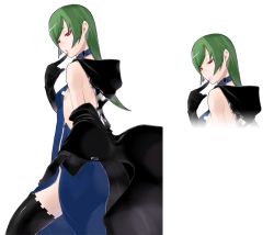 Rule 34 | 1girl, arm warmers, bare shoulders, black cape, blue dress, breasts, caladrius, cape, choker, dress, eleanor riegl, green hair, hood, official art, red eyes, sideboob, simple background, small breasts, thighhighs, thighs, yasuda suzuhito