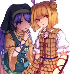 Rule 34 | 2girls, apron, arm ribbon, arm up, armor, arms at sides, arms up, bad id, bad pixiv id, blonde hair, blue hair, blunt bangs, bob cut, caliper, commentary request, double bun, dress, flower, green headwear, hair bun, hair ribbon, hand on another&#039;s shoulder, hand on own chin, haniwa (statue), haniyasushin keiki, head tilt, highres, hood, jewelry, joutouguu mayumi, long hair, long sleeves, looking at viewer, magatama, magatama necklace, mozuno (mozya 7), multiple girls, necklace, orange eyes, parted bangs, parted lips, pink eyes, puffy short sleeves, puffy sleeves, ribbon, shirt, short hair, short sleeves, simple background, tools, touhou, upper body, vambraces, very long hair, white background, white shirt, yellow dress
