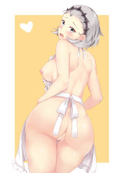 Rule 34 | 1girl, :o, absurdres, apron, ass, back, blush, border, breasts, cleft of venus, embarrassed, eyebrows, female focus, fire emblem, fire emblem fates, from behind, grey eyes, grey hair, hairband, heart, highres, looking at viewer, looking back, medium breasts, medium hair, nabunabu, naked apron, nintendo, nipples, open mouth, outside border, pussy, shiny skin, sideboob, solo, sophie (fire emblem), standing, thighs, uncensored, white apron, white border