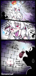 Rule 34 | 1boy, 1girl, 3koma, @ @, artist name, blush, boo (mario), breasts, brick wall, bug, candle, cleavage, clueless, comic, commentary, crown, dress, earrings, english commentary, english text, eyelashes, frills, genderswap, genderswap (mtf), ghost, gloves, hair between eyes, half-closed eyes, hands on own face, highres, jewelry, large breasts, luigi, luigi&#039;s mansion, mario (series), mixed-language commentary, new super mario bros. u deluxe, nintendo, personification, princess king boo, red eyes, see-through, sereneandsilent, sharp teeth, silhouette, silk, smile, spider, spider web, super crown, sweatdrop, teeth, text focus, through wall, tongue, tongue out, wall, white dress, white gloves, white hair