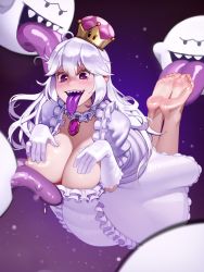 Rule 34 | 1girl, barefoot, blush, breasts, breasts out, cleavage, collar, crown, dress, feet, floating, frilled collar, frilled dress, frills, gloves, highres, kairunoburogu, large breasts, licking, licking breast, licking foot, long hair, looking at viewer, low-cut, luigi&#039;s mansion, mario (series), mini crown, new super mario bros. u deluxe, nintendo, nipples, one breast out, open mouth, pale skin, princess king boo, purple background, purple eyes, revision, saliva, sharp teeth, silver hair, smile, soles, solo, super crown, tearing up, tears, teeth, tilted headwear, toes, tongue, tongue out, white dress, white gloves