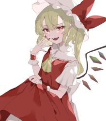 Rule 34 | 1girl, ascot, blonde hair, blood, blood on face, commentary, crystal, fingernails, flandre scarlet, hat, highres, long hair, mob cap, nail polish, one side up, open mouth, paragasu (parags112), red eyes, red nails, red skirt, red vest, shirt, short sleeves, simple background, skirt, solo, symbol-only commentary, touhou, vest, white background, white hat, white shirt, wings, wrist cuffs, yellow ascot