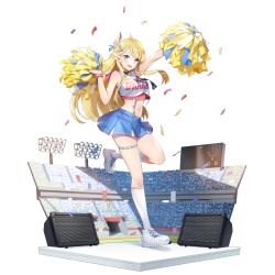 Rule 34 | 1girl, :d, blonde hair, blue eyes, braid, breasts, cheering, cheerleader, chloe (eversoul), confetti, crop top, crop top overhang, eversoul, fake horns, full body, game cg, highres, horn ornament, horns, kneehighs, long hair, looking at viewer, medium breasts, midriff, miniskirt, navel, official alternate costume, official alternate hairstyle, official art, open mouth, pleated skirt, pointy ears, pom pom (cheerleading), shirt, shoes, skirt, sleeveless, sleeveless shirt, smile, sneakers, socks, solo, stadium, standing, standing on one leg, stomach, tachi-e, thigh strap, transparent background, white footwear, white socks