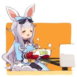 Rule 34 | 1girl, animal ears, character request, drooling, grey hair, highres, long hair, mota, open mouth, oven mitts, rabbit ears, smile, solo, virtual youtuber