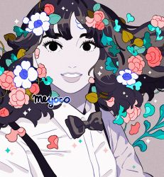Rule 34 | 1girl, album cover redraw, artist name, black bow, black bowtie, black eyes, black hair, bow, bowtie, collared shirt, derivative work, dress shirt, flower, grey background, greyscale, highres, leaf, long hair, looking at viewer, meyoco, monochrome, pink flower, portrait, real life, shirt, smile, solo, sparkle, sweetest music, takeuchi mariya, upper body, white flower