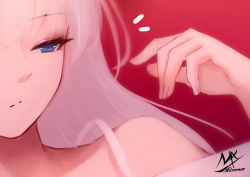 Rule 34 | 1girl, absurdres, angel girl (shimmer), artist name, blue eyes, close-up, closed mouth, hand up, highres, notice lines, off shoulder, original, red background, shimmer, shirt, signature, simple background, solo, waking up, white shirt