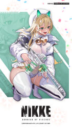 Rule 34 | 1girl, ar-15, artist request, assault rifle, bell, blonde hair, boots, breasts, commentary request, copyright name, earrings, fingernails, full body, fur trim, goddess of victory: nikke, green eyes, gun, hair ornament, high heel boots, high heels, highres, holding, holding weapon, jacket, jewelry, large breasts, leotard, logo, long hair, long sleeves, nail polish, neck bell, official alternate costume, official art, open clothes, open jacket, open mouth, ribbon, rifle, rupee (nikke), rupee (winter shopper) (nikke), shiny clothes, shiny skin, simple background, smile, solo, squatting, teeth, thigh boots, trigger discipline, upper teeth only, weapon, zoom layer