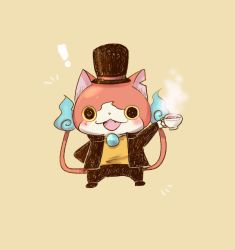 Rule 34 | !, blush, cat, cosplay, creator connection, cup, fangs, flame-tipped tail, hat, hershel layton, jibanyan, level-5, multiple tails, no humans, notched ear, open mouth, professor layton, simple background, solo, standing, steam, tail, teacup, top hat, traditional youkai, two tails, umi (srtm07), youkai watch