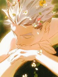 Rule 34 | 1boy, black hair, bokuto koutarou, chengongzi123, closed eyes, facing to the side, flower, from above, green background, grey hair, haikyuu!!, hair flower, hair ornament, hand on own hip, head rest, highres, male focus, multicolored hair, nude, partially submerged, petals, portrait, red flower, short hair, solo, spiked hair, streaked hair, sunlight, white flower, yellow flower