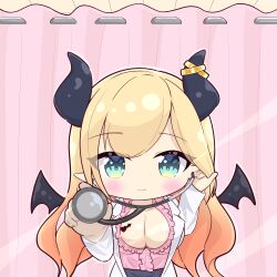 Rule 34 | 1girl, absurdres, aqua eyes, bat tattoo, black horns, black skirt, blonde hair, blurry, blurry foreground, blush, breast tattoo, breasts, center frills, chibi, chibi only, closed mouth, coat, commentary, curtains, demon girl, demon horns, demon wings, depth of field, frilled shirt, frills, gradient hair, highres, hololive, horn ornament, horn ring, horns, indoors, lab coat, large breasts, long hair, looking at viewer, multicolored hair, nishi azuma, open clothes, open coat, pink hair, pink shirt, pointy ears, red coat, shirt, skirt, sleeveless, sleeveless shirt, smile, solo, stethoscope, tattoo, two-sided coat, two-sided fabric, virtual youtuber, white coat, winged heart, wings, yuzuki choco, yuzuki choco (1st costume)