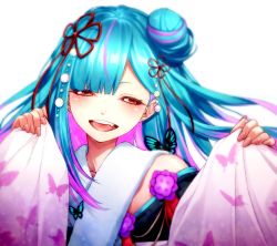 Rule 34 | 1girl, animal print, aqua hair, butterfly hair ornament, butterfly print, fenrir (fenlil0316), hair bun, hair ornament, half-closed eyes, highres, hololive, japanese clothes, kimono, multicolored hair, off shoulder, official alternate costume, open mouth, red eyes, side bun, simple background, single side bun, solo, streaked hair, teeth, upper body, upper teeth only, uruha rushia, uruha rushia (new year), virtual youtuber, white background