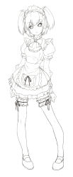 Rule 34 | 1girl, bad id, bad pixiv id, bow, cleavage cutout, clothing cutout, female focus, full body, greyscale, highres, legs, maid, maid headdress, miniskirt, monochrome, original, popobobo, ribbon, short hair, simple background, skirt, solo, thighhighs, twintails, white background
