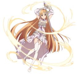 Rule 34 | armor, armpits, artist request, asuna (sao), breasts, brown eyes, brown hair, cleavage, dress, full body, garter straps, hair between eyes, highres, holding, holding sword, holding weapon, long hair, miniskirt, rapier, skirt, standing, sword, sword art online, sword art online: alicization, thighhighs, transparent background, very long hair, waist cape, weapon, white thighhighs