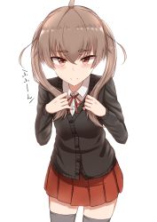 Rule 34 | 1girl, ahoge, black thighhighs, blush, brown eyes, brown hair, cardigan, closed mouth, collared shirt, grey hair, hair between eyes, hands up, highres, light smile, looking at viewer, md5 mismatch, original, pleated skirt, red skirt, revision, school uniform, shirt, simple background, skirt, smile, solo, thick eyebrows, thighhighs, twintails, white background, white shirt, yakob labo