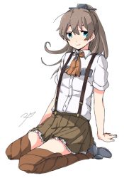 Rule 34 | 10s, 1girl, arm support, ascot, bad id, bad pixiv id, blue eyes, brown hair, brown skirt, brown thighhighs, frilled skirt, frills, hair ornament, high ponytail, kantai collection, kikurina, kumano (kancolle), pleated skirt, ponytail, school uniform, seiza, simple background, sitting, skirt, sleeves rolled up, solo, striped clothes, striped thighhighs, suspenders, thighhighs, white background