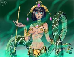 Rule 34 | blue eyes, breasts, glowing, glowing eyes, green theme, hip focus, jewelry, lamia, large breasts, lots of jewelry, monster girl, navel, ranger squirrel, short hair, stomach, tan