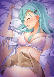Rule 34 | 10s, 1girl, aqua hair, arm up, bare shoulders, bed, bed sheet, blush, bra, breasts, brown skirt, byte (allbyte), cleavage, closed eyes, clothes lift, collarbone, frilled skirt, frills, from above, hair between breasts, hair ornament, hairclip, highres, implied sex, kantai collection, large breasts, long hair, lying, navel, on back, on bed, open clothes, open mouth, open shirt, out-of-frame censoring, pillow, pillow grab, pink bra, pleated skirt, pov, pov hands, profile, shirt, short sleeves, skirt, skirt lift, solo focus, stomach, suzuya (kancolle), sweatdrop, underwear, white shirt