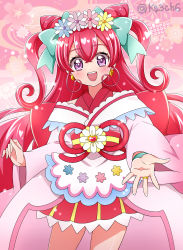Rule 34 | 1girl, :d, abstract background, apron, back bow, blush, bow, cone hair bun, cowboy shot, cure precious, cure precious (party up style), delicious party precure, dot nose, double bun, earrings, flower, green bow, hair bow, hair bun, highres, huge bow, jewelry, kagami chihiro, legs apart, long hair, looking at viewer, magical girl, nagomi yui, open mouth, outstretched hand, pink background, pink bow, pink hair, pink skirt, precure, purple eyes, ring, shiny skin, skirt, smile, solo, standing, two side up