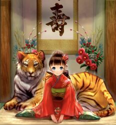 Rule 34 | 1girl, animal, blue eyes, blush, bow, brown hair, chinese zodiac, flower, hair bun, hair ornament, highres, ilikegoya, indoors, japanese clothes, kanzashi, kimono, long sleeves, looking at viewer, new year, on floor, original, sitting, smile, solo, tiger, wide sleeves, year of the tiger