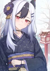 Rule 34 | 1girl, blue archive, bright pupils, grey hair, highres, japanese clothes, kayoko (blue archive), kayoko (new year) (blue archive), kimono, long hair, looking at viewer, new year, red eyes, solo, wangqi, white pupils