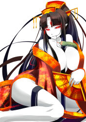 Rule 34 | 1girl, between breasts, black hair, breasts, cleavage, colored skin, curvy, demon girl, glowing, glowing eyes, hair ornament, hand fan, highres, huge breasts, japanese clothes, kimono, legs, long hair, looking at viewer, naughty face, original, pointy ears, pure white demon (succubus prison), red eyes, shiki (psychedelic g2), simple background, slit pupils, smile, smirk, snake, solo, textless version, thighs, third eye, very long hair, white background, white skin