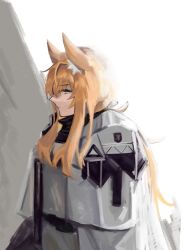 Rule 34 | 1girl, absurdres, alternate costume, animal ear fluff, animal ears, arknights, armor, blonde hair, cloak, closed mouth, from side, grey background, highres, horse ears, kingdom of kazimierz logo, kotcate, long hair, nearl (arknights), pauldrons, plate armor, shoulder armor, solo, upper body, white background, white cloak, yellow eyes