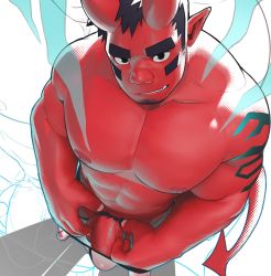 Rule 34 | 1boy, abs, arm hair, bara, black hair, bulge, colored skin, demon boy, demon horns, demon tail, demon wings, erection, erection under clothes, facial hair, fangs, from above, full body, goatee, highres, horns, large pectorals, male focus, male pubic hair, male underwear, male underwear pull, mature male, monster boy, muscular, muscular male, navel, nipples, original, pectorals, penis, penis peek, pointy ears, pubic hair, pulling own clothes, red skin, seductive smile, shadow, short hair, smile, smirk, solo, stomach, stubble, tail, taka (takahiro si), thick eyebrows, underwear, undressing, wings