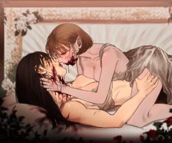 Rule 34 | bed, black hair, blood, blood from mouth, blood in mouth, blood on face, breasts, brown hair, hand on another&#039;s leg, highres, kiss, long hair, miho (sleepymocha), original, pale skin, pointy ears, shay (sleepymocha), short hair, sleepymocha, tagme, vampire, yuri
