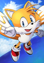 Rule 34 | 1boy, absurdres, flying, fox boy, furry, furry male, happy, highres, no humans, ocean, open mouth, sega, shoes, silverchariotx, sky, smile, socks, solo, sonic (series), tails (sonic), v, water